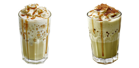 Iced milk coffee drinks with biscuit crumble toppings isolated on transparent PNG background perfect for drink ads or cafe branding