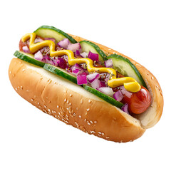 A fresh hotdog with cucumber slices, red onion, and mustard is isolated on transparent background, a tempting treat for any occasion