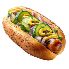 A gourmet hotdog with cucumber, red onion, and mustard is isolated on transparent background, showcasing a delicious and fresh take on a classic