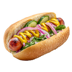 A tasty hotdog isolated on transparent background is dressed with mustard, cucumber, and onion, making it a satisfying meal