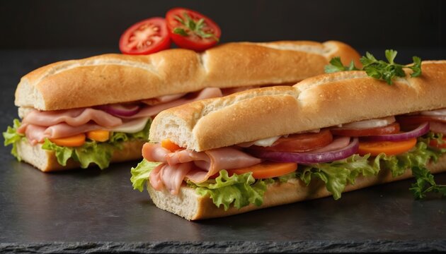 Two large submarine sandwiches filled with ham, lettuce, tomato, cheese, and onion on dark background. Freshly made deli subs on soft bread, perfect for lunch or a quick meal.