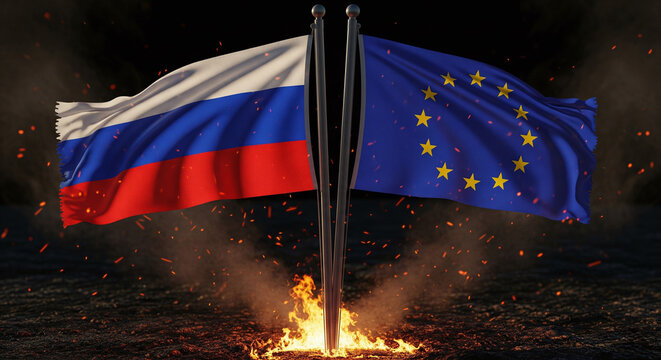 Realistic waving Russian and EU flags with flames creeping from bottom center, smoke and sparks rising, symbolizing intense political and regional conflict