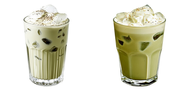 Iced matcha and coffee drinks with frothy layers isolated on transparent PNG image perfect for drink recipes or cafe visuals
