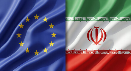 European Union and Iranian Flags Waving Like Banners with Subtle Light and Fabric Creases, Full Canvas Coverage