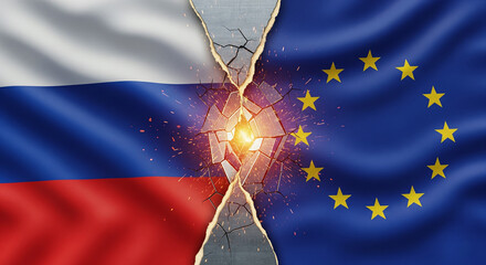 Waving fabric flags of Russia and EU on opposite sides with torn metallic wall in center, glowing edges and sparks symbolizing intense conflict, JPG image