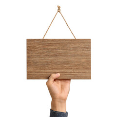 A hand holds a blank wooden sign with a rope, isolated on transparent background, perfect for a personalized message