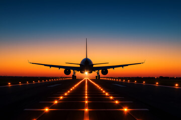Airplane landing runway lights sunset aircraft takeoff