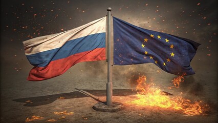 Large Russian and European Union flags waving apart with sparks and embers in foreground, dark background with soft smoke glow, stylized dramatic effect