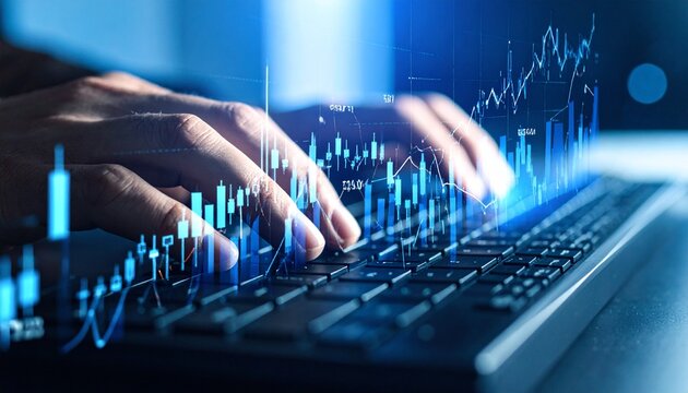 Hands typing on keyboard with digital graphs and data analysis overlay