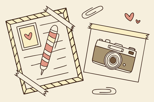 Illustration of a letter with a pen, a photo of a camera, and paper clips on a light background