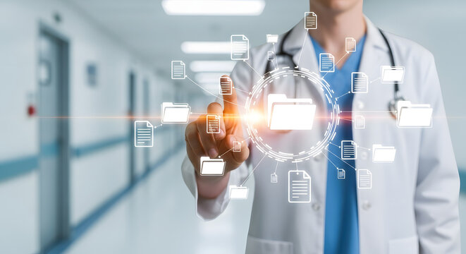 A doctor interacts with digital medical records in a hospital setting, highlighting technology in healthcare.