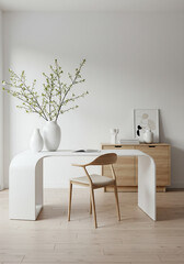 Clean and elegant interior design showcasing a contemporary table with leafy branches and wood furniture