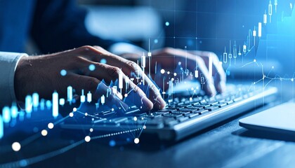 Hands typing on keyboard with digital data and analysis graphics overl
