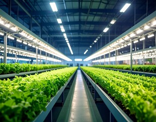 Modern hydroponic greenhouse with rows of fresh green lettuce plants