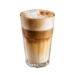 A layered latte with steamed milk and espresso, topped with a delicate layer of froth in a clear glass isolated on transparent background