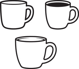 Three Black and White Coffee Cups Outlined Illustration