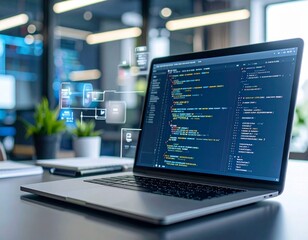 Modern laptop displaying code with digital interface elements nearby