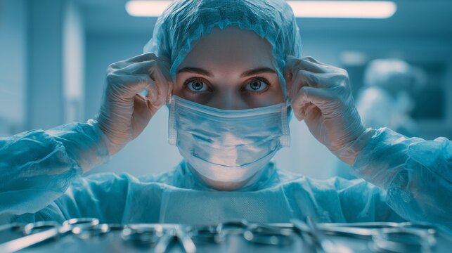Female Surgeon Adjusting Mask in Operating Room
