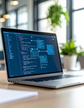 Modern laptop displaying software coding in a creative workspace