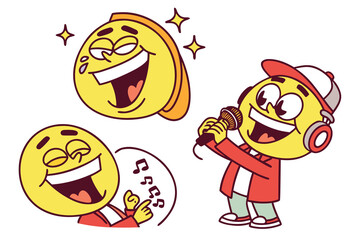 Cartoon emojis showing different expressions and activities like singing and laughing happily