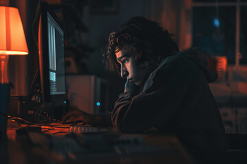 Fototapeta premium Young Man Focused on Computer Work