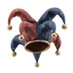 A festive jester hat with red and blue fabric, featuring golden accents and bells, isolated on transparent background