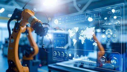 Industrial robotic arm interacting with a digital data display screen
