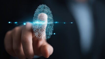 A close-up of a finger pressing on a digital fingerprint scanner emitting blue light in a dark environment.