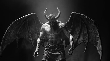 A powerful demonic figure with muscular build, large horns, and bat-like wings - Powered by Adobe