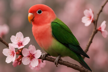 Coral and green parrot perched on cherry blossom branch