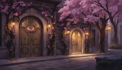 Obraz premium Enchanting fantasy illustration of city street at twilight, featuring ornate doors overgrown with pink flowers, vines. Lanterns cast warm glow on cobblestone path, creating mystical, dreamlike