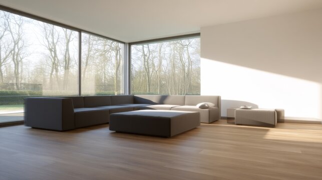 Modern minimalist living room with dark gray L-shaped sectional sofa, gray ottoman, light-colored ottomans, low-profile side table, and natural wooden floor,