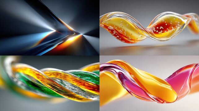 A digital art collage featuring four abstract images a vibrant light burst, and three swirling, translucent, multicolored glass-like forms