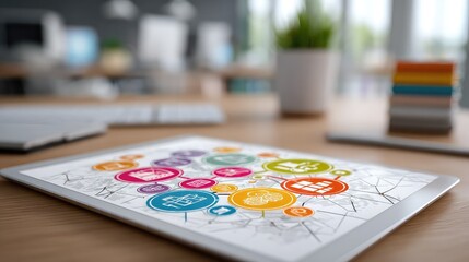 Color-coded stakeholder map with connecting lines and business icons on digital tablet, symbolizing enterprise relationships.