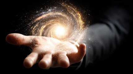 Obraz premium A glowing galaxy spiral hovers above an outstretched hand against a dark background, symbolizing cosmic power and mystery.