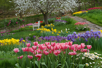 field of tulips and flowers