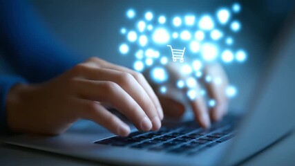 Close-up of hands typing on a laptop with glowing digital network icons. - Powered by Adobe