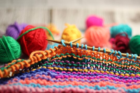 Knitting process and multicolor canvas and clews balls yarn different colors photo 