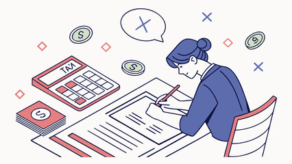 Person working on tax documents with calculator and money