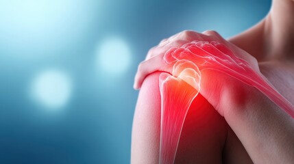 A person holding their shoulder, with a digital overlay highlighting inflammation and pain in the joint area.