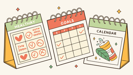 Three desk calendars showing goals and health tracking with checkboxes and hearts