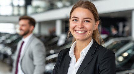 A confident young businesswoman smiles at the camera with a blurred male colleague and cars in the background, likely in a professional or automotive setting.