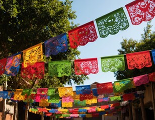 Vibrant Papel Picado banners, colorful Mexican folk art, strung across trees under sunny sky. Festive decorations feature intricate paper cut-outs for parties, celebrations, and cultural events.