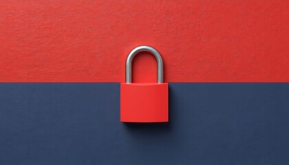 Fototapeta premium Red padlock on split red, blue background symbolizes security, protection. Ideal for concepts of privacy, trust, digital safety. Strong visual representation of access control, data encryption.