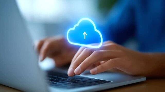 Close-up of hands typing on a laptop with digital cloud and data analytics graphics overlay. - Powered by Adobe