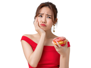 Uncertainty and Temptation: A beautiful individual grapples with the sweet allure of a delectable donut, a dilemma of desire and hesitation.