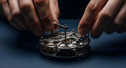 Close-up of watchmaker's hands repairing intricate mechanical watch movement with precision tools in a professional workshop setting for horology enthusiasts and industry experts