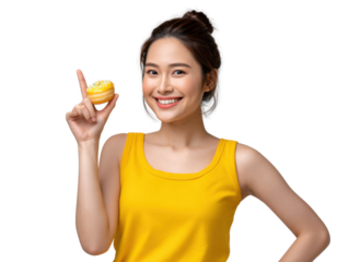 Woman holding a Pastry: A portrait of a happy, healthy woman, dressed in a bright yellow top, holding a small delicious pastry. Her gesture is full of delight. 