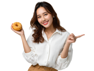 Woman Delight: A radiant young woman, with a captivating smile and inviting gesture, presents a golden donut, portraying pleasure. A true depiction of happiness and delight.