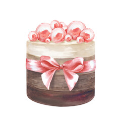 Watercolor birthday cake with pink decoration and ribbon, hand-drawn. The illustration is isolated on a white background. Dessert template for greeting cards, business cards, invitations.